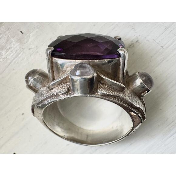 Purple Amethyst Ring Rainbow Moonstone Hand Made Carved Sterling Silver US 8.5 - Picture 7 of 10